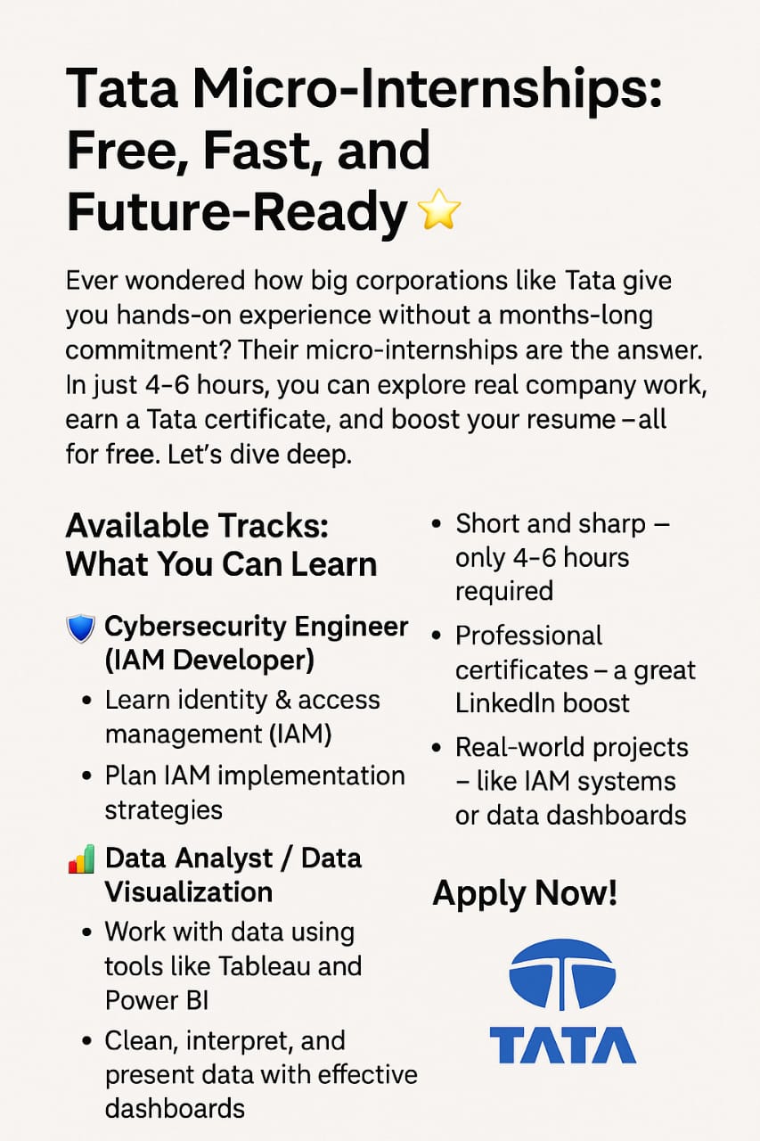 Free 4–6 Hour Tata micro internships free: Cybersecurity & Data Analytics | 100% Certified | Apply Now