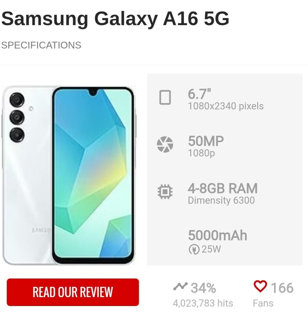 The newSamsung Galaxy A16 5G in India—6.7″ Super AMOLED screen, 50 MP triple camera, powerful Dimensity/Exynos chip, 6 years of updates, IP54 water resistance—all under ₹16,000.