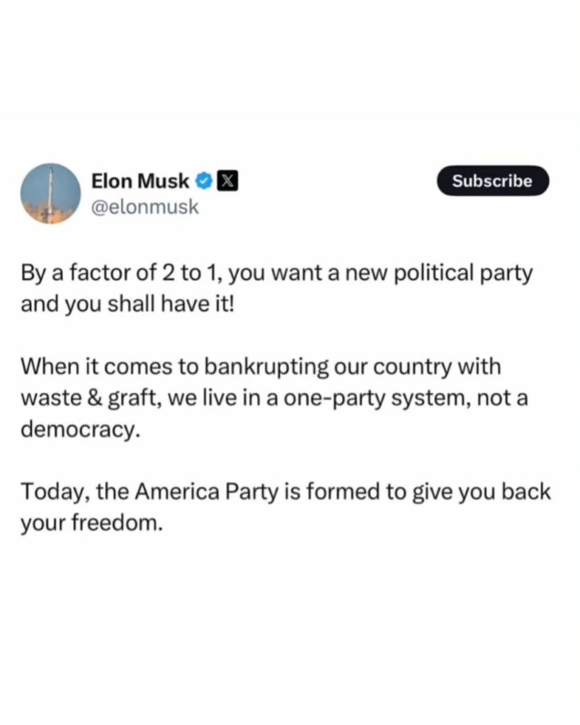 Elon Musk launched American Party in direct response to Trump’s ‘One Big Beautiful Bill’, positioning it as a centrist alternative that challenges the dominant uniparty and aims to reduce the US debt and restore voter freedom.